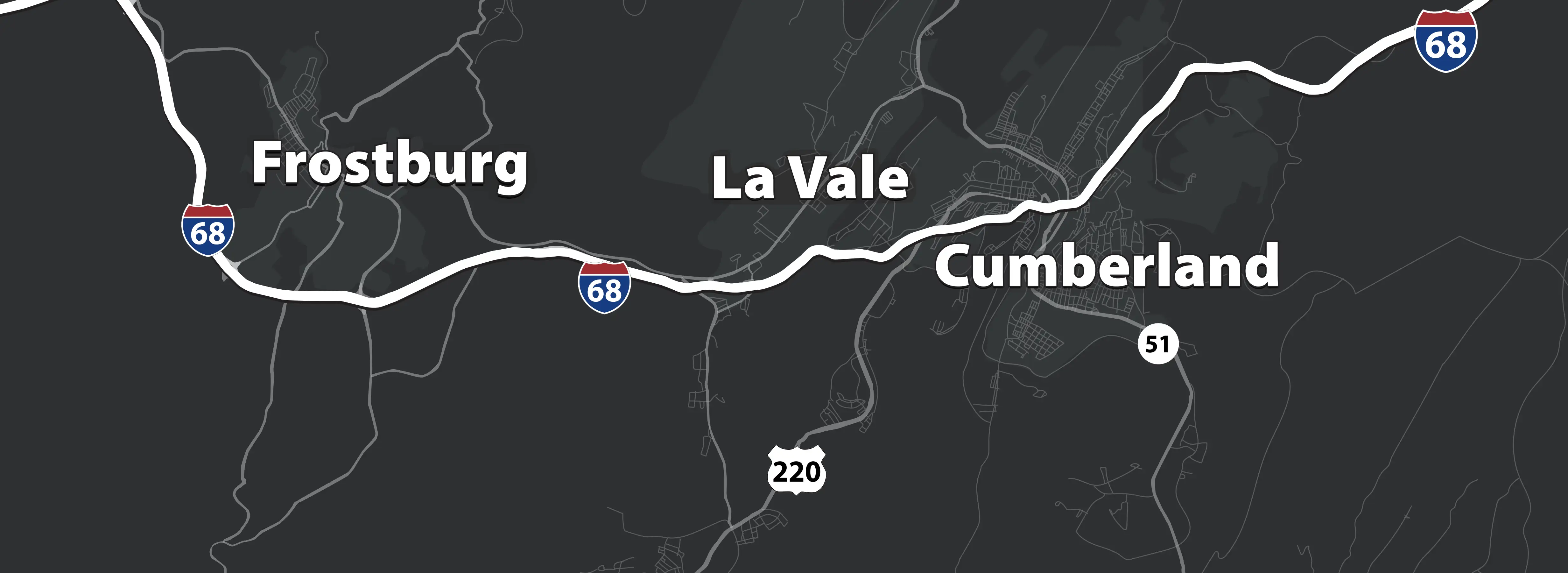 Custom illustrated map of Frostburg, La Vale, and Cumberland along Interstate 68