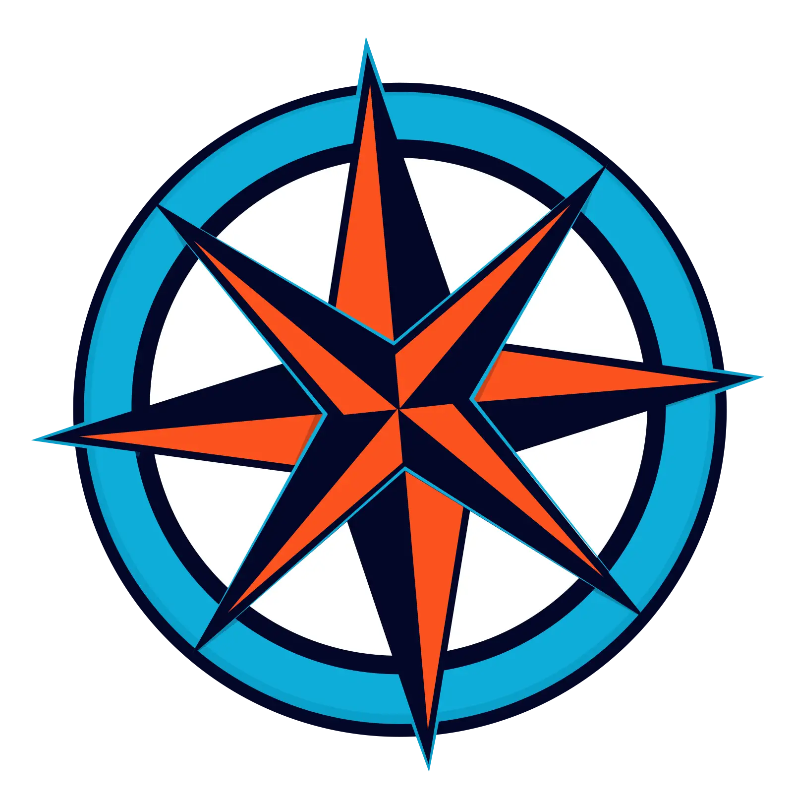 Bright blue, orange, and navy compass rose illustration