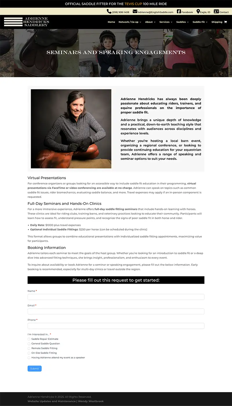 EnglishSaddle.com seminar and speaking engagement page screenshot