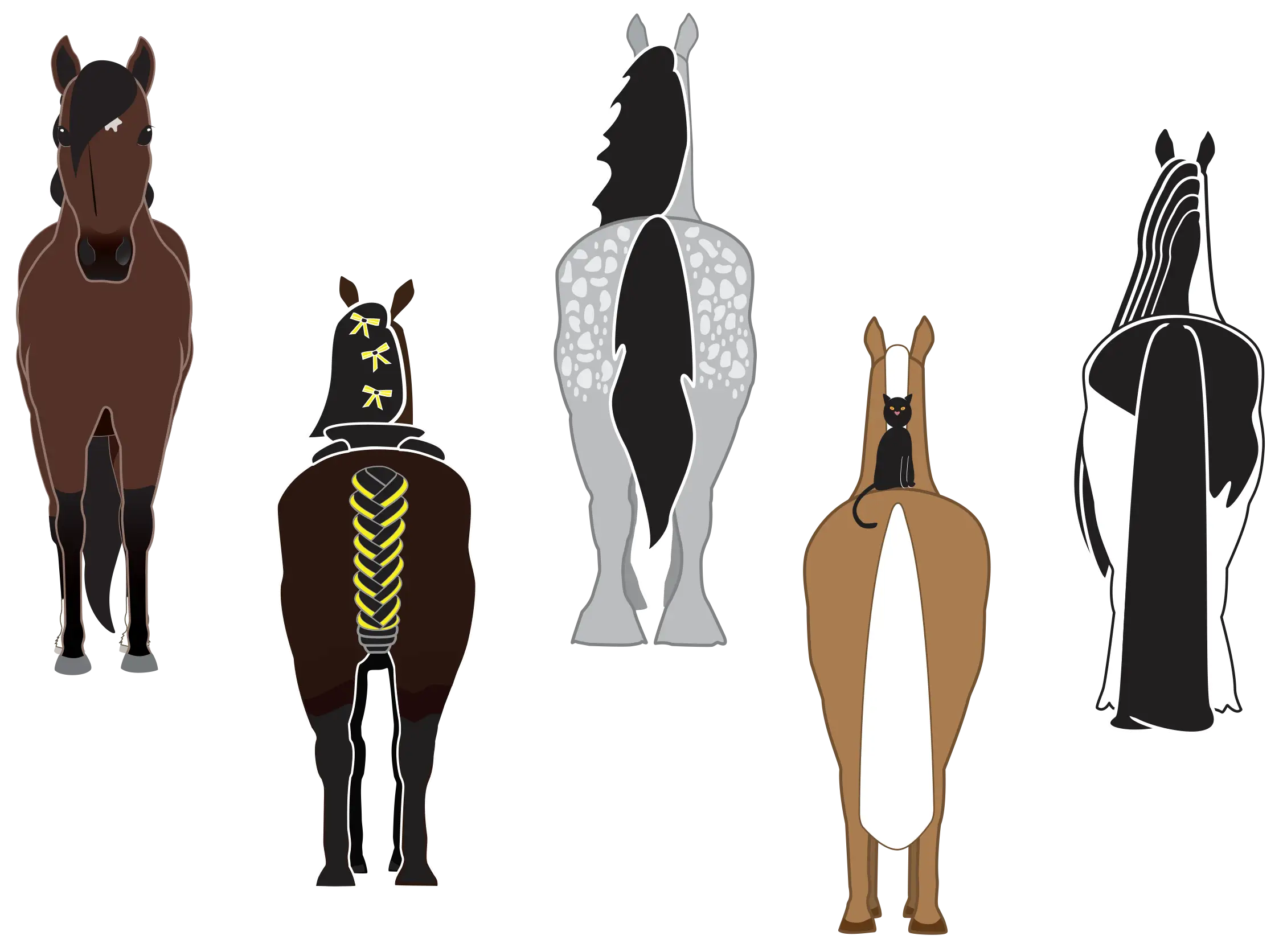 Five custom horse illustrations including Cricket facing forward