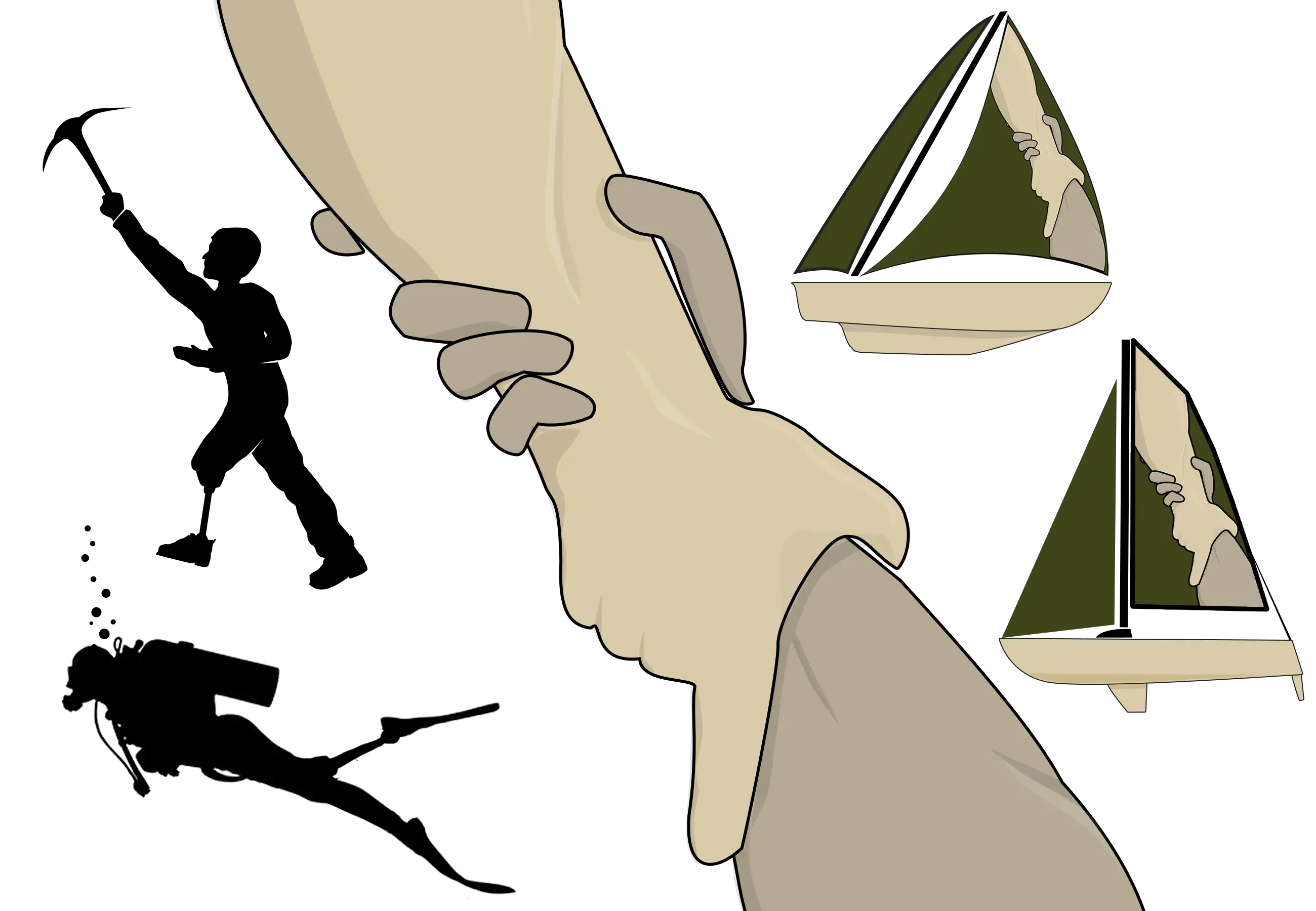 Illustrated brand elements for Combat Wounded Veteran Challenge including sailing, climbing, and diving artwork