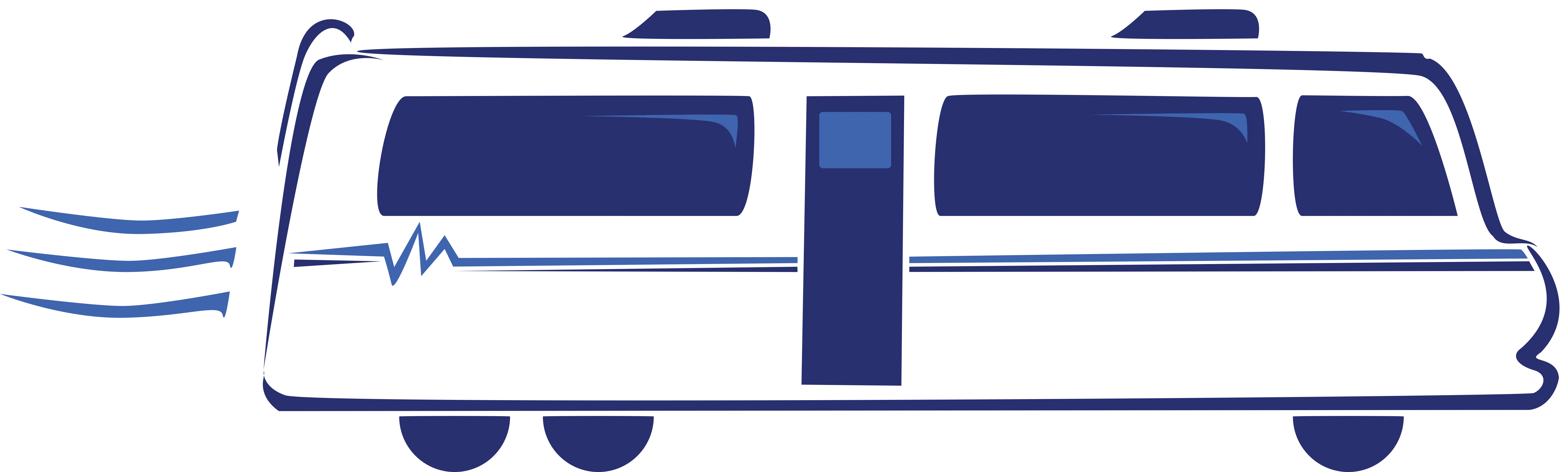 Blue line illustration of a travel trailer with a stylized pulse line