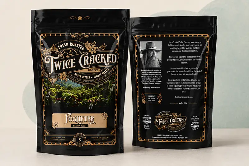 Front and back views of the Twice Cracked Coffee Company glossy black coffee pouch