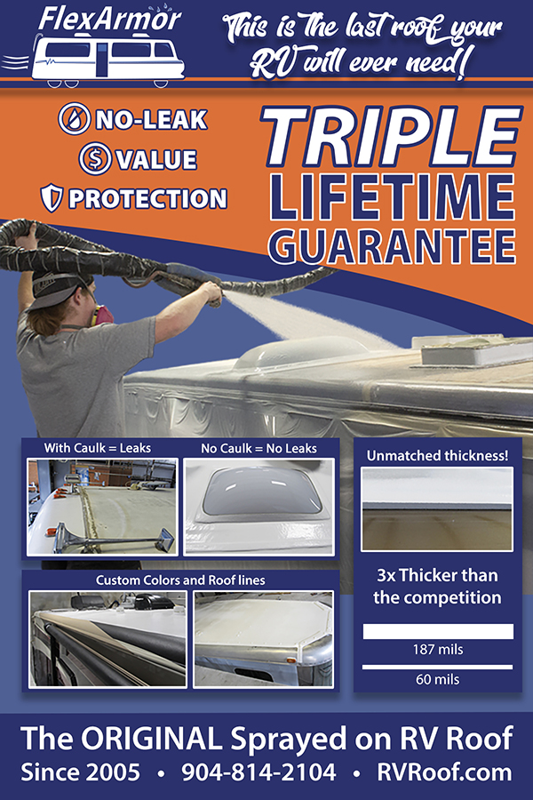 rv roof flexarmor ad for newsletter shows spraying on roof of rv, thickness, colors, rooflines