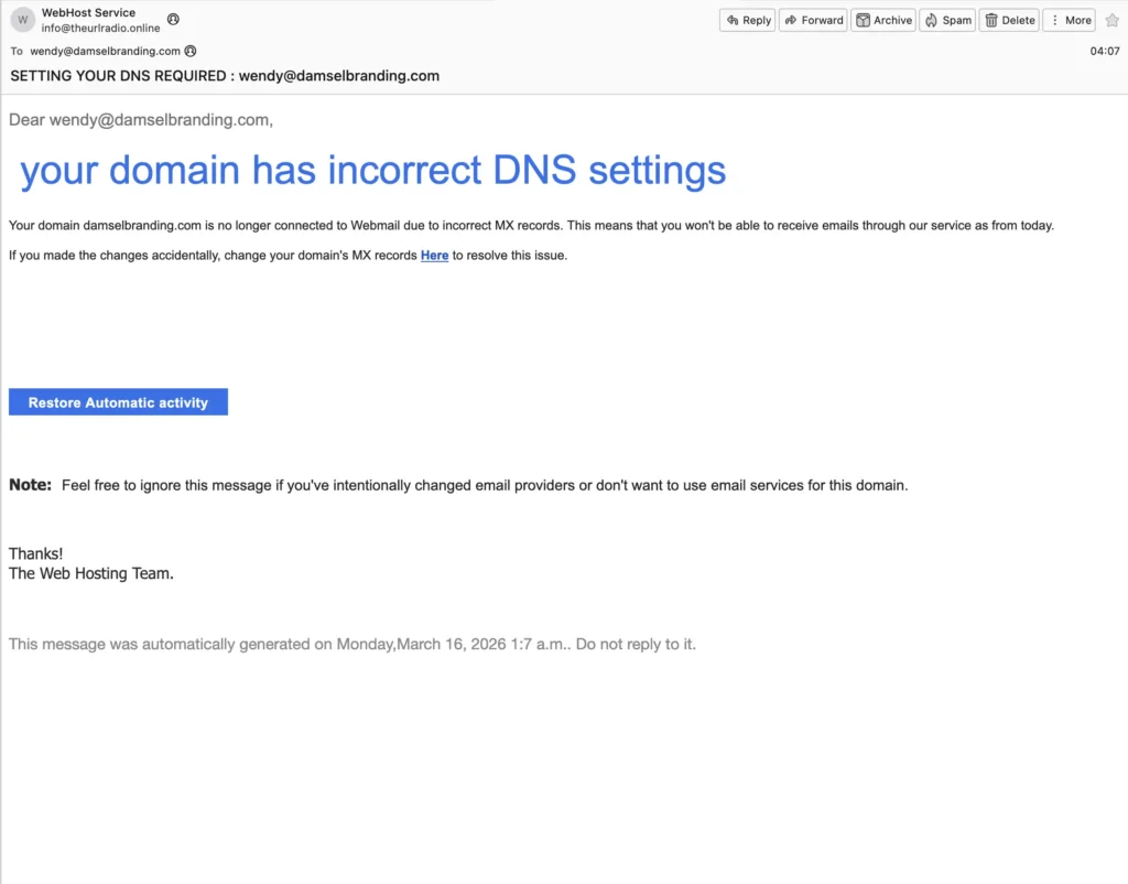 email body of DNS Error Email Scam