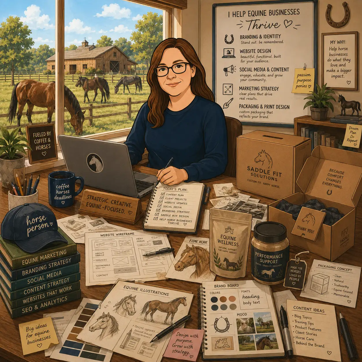 Illustration of Wendy Westbrook working in a sunny creative office with horses in the background, representing branding, website design, packaging, illustration, social media, and marketing services for equine businesses.