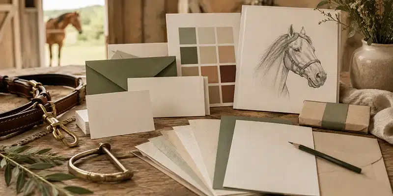 desk showing horse head illustration, color swatches, and stationery samples for equine business 