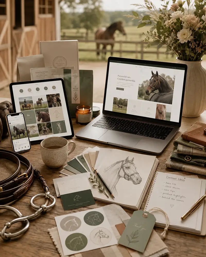 desk with equine industry marketing items like website, product tags, illustrations and marketing strategy notes