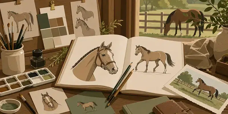 postcards, notecards, sketch books and papers with horse illustrations