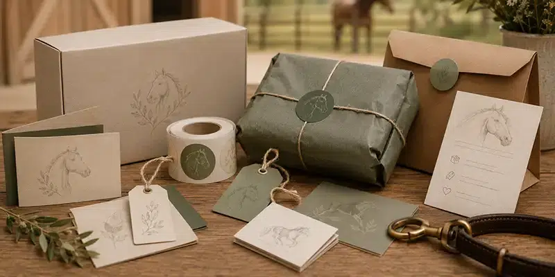 packaging for equine business on a desk includes packages stickers and labels