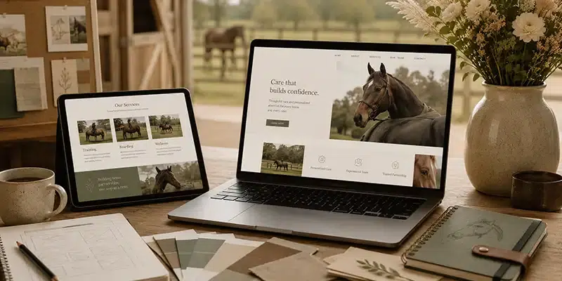 desk with website showing on a laptop and a tablet during design phase