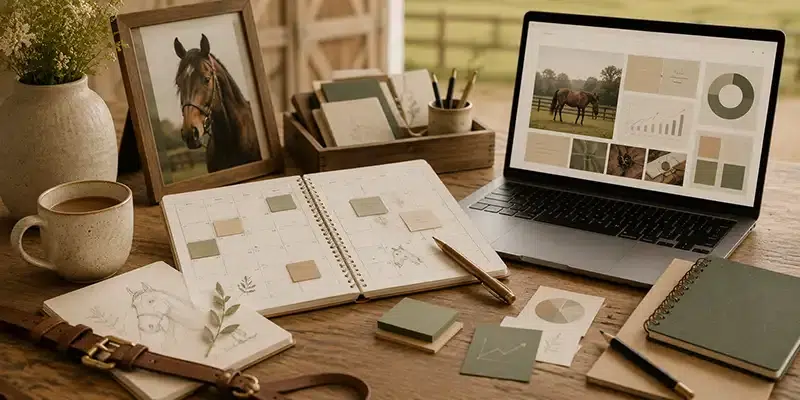 desk with laptop and calendar showing marketing strategy for an equine business