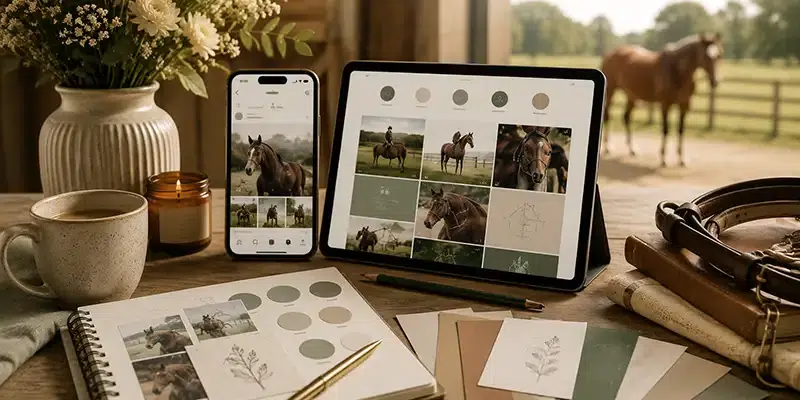 desk with identity branding elements for an equine business social media strategy